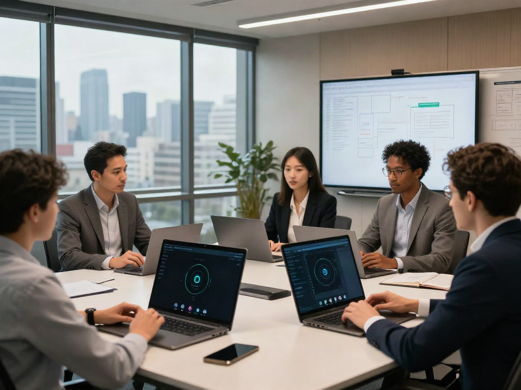Deepfake free meetings with diverse professionals collaborating in a high-tech conference room