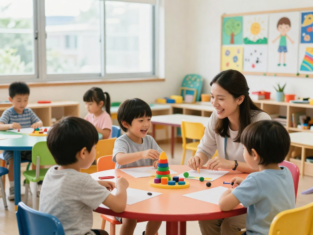 Japanese kindergarten Singapore classroom with children engaged in creative learning activities.