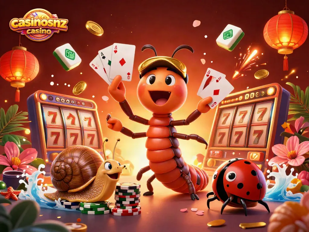 Experience the thrill of casinosnz casino with this vibrant 3D illustration showcasing a millipede dealer and exciting game elements.