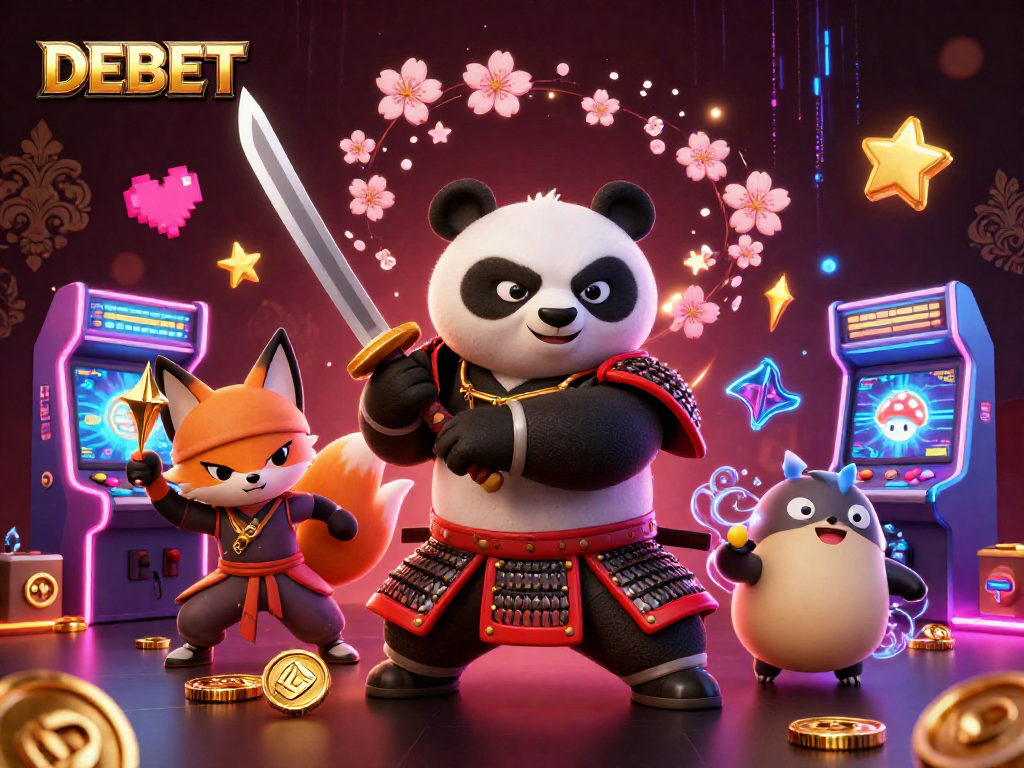 DEBET showcases a colorful gaming scene with a samurai panda, a ninja fox, and a magical tanuki amidst vibrant casino elements.