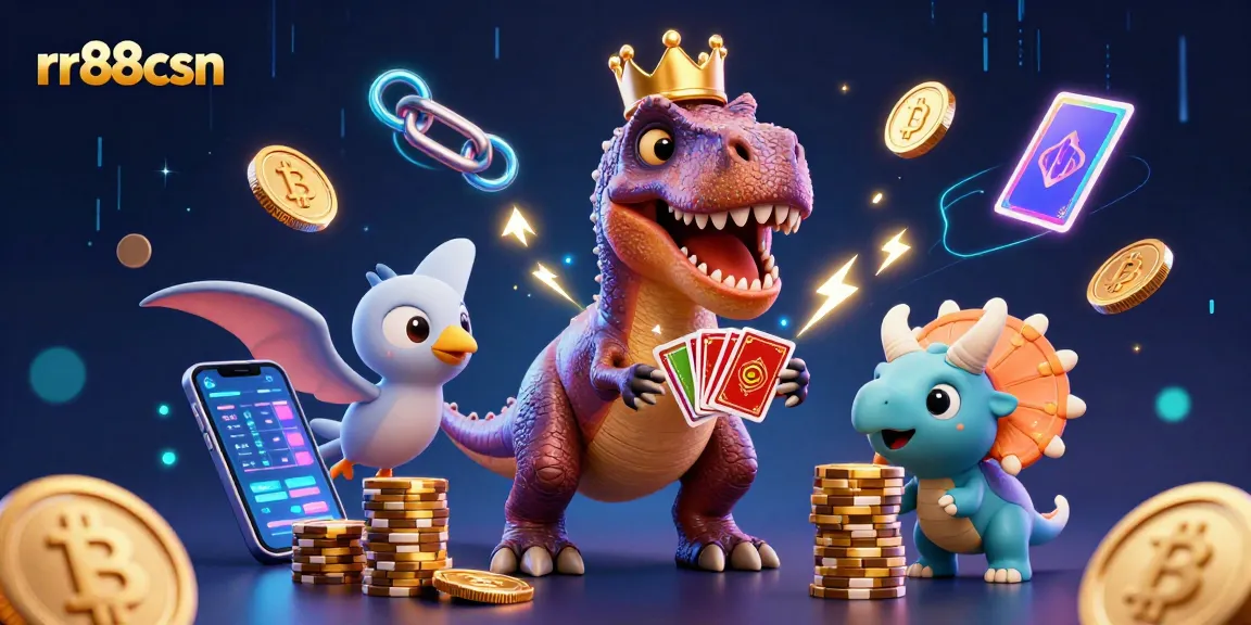 Engage in winning strategies at rr88csn with T-Rex and friends playing cards in a vibrant casino
