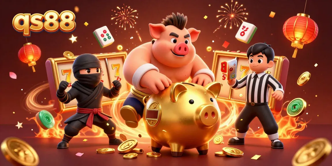 qs88 gaming action featuring a golden piggy bank sumo wrestler and ninja in dynamic casino scene.