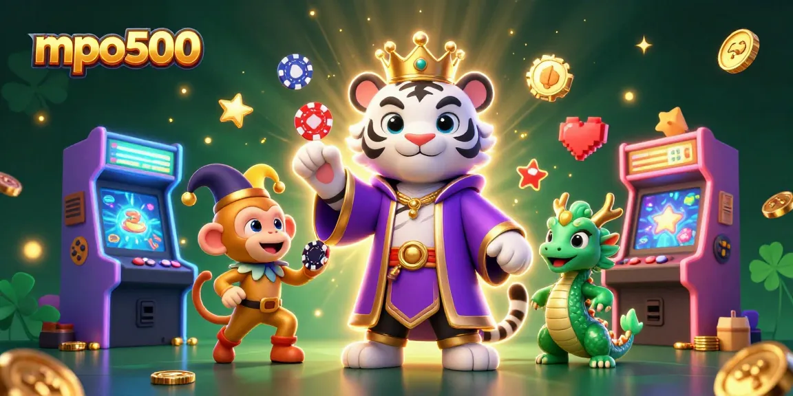 Play the mpo500 game with engaging characters like the royal tiger and jester monkey in a vibrant casino scene.