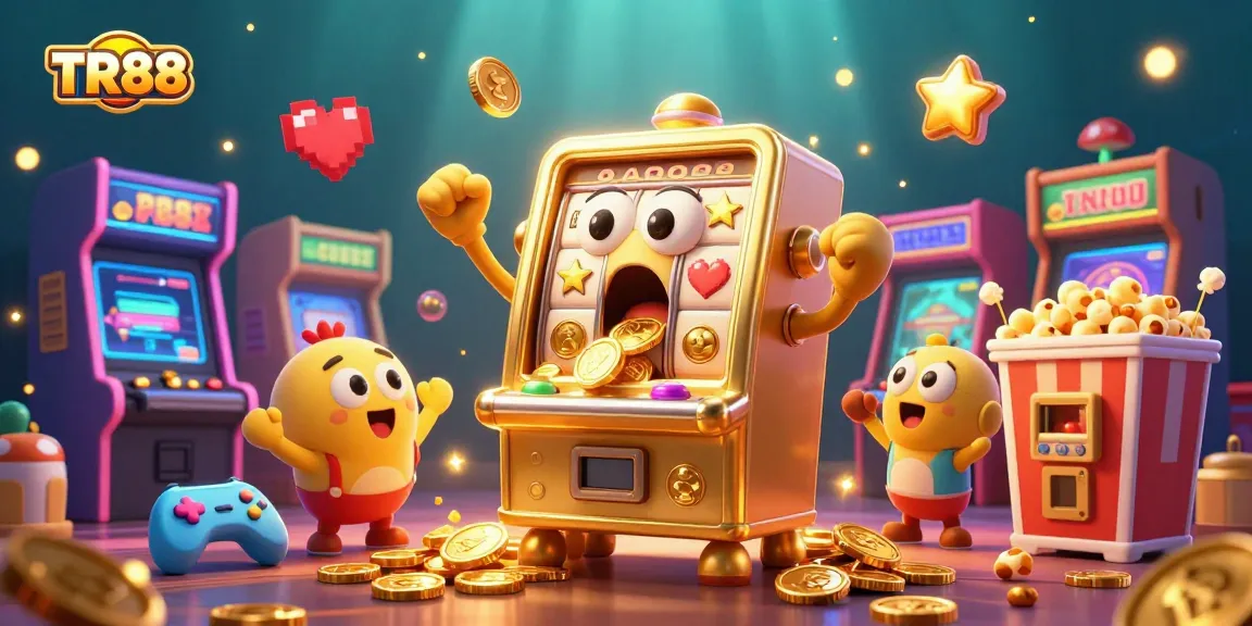 Experience the excitement of TR88 with our animated golden slot machine winning a jackpot surrounded by cheering companions.