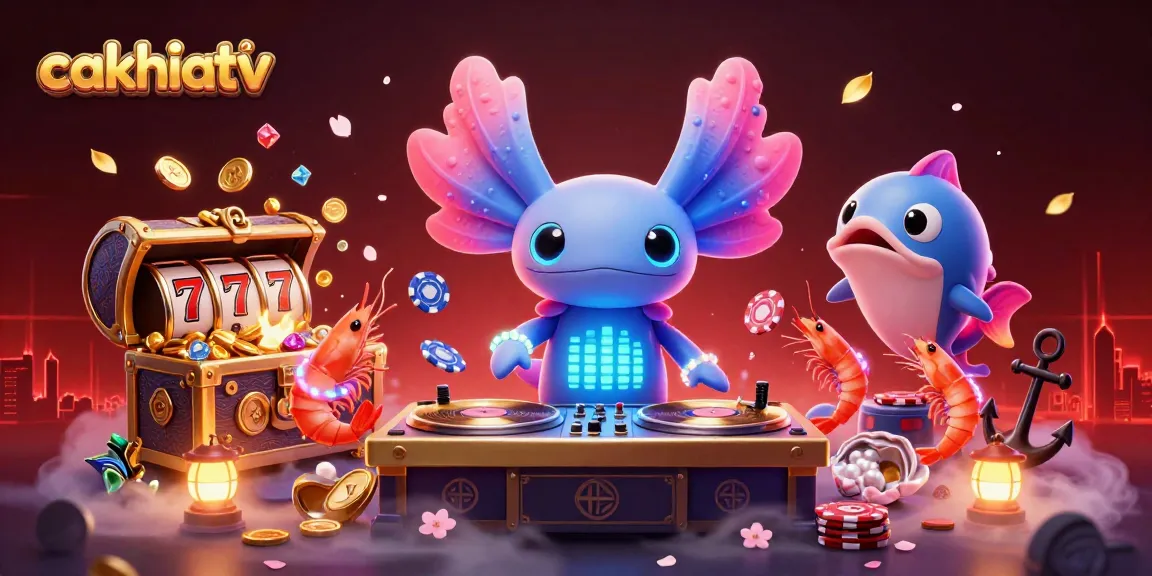 Experience cakhiatv's vibrant gaming atmosphere with dancing shrimp and an axolotl DJ.
