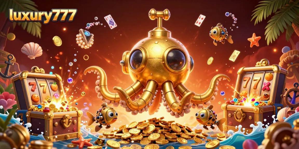 Enjoy exhilarating gaming adventures at luxury777 with a stunning golden kraken submarine amid slot machines.
