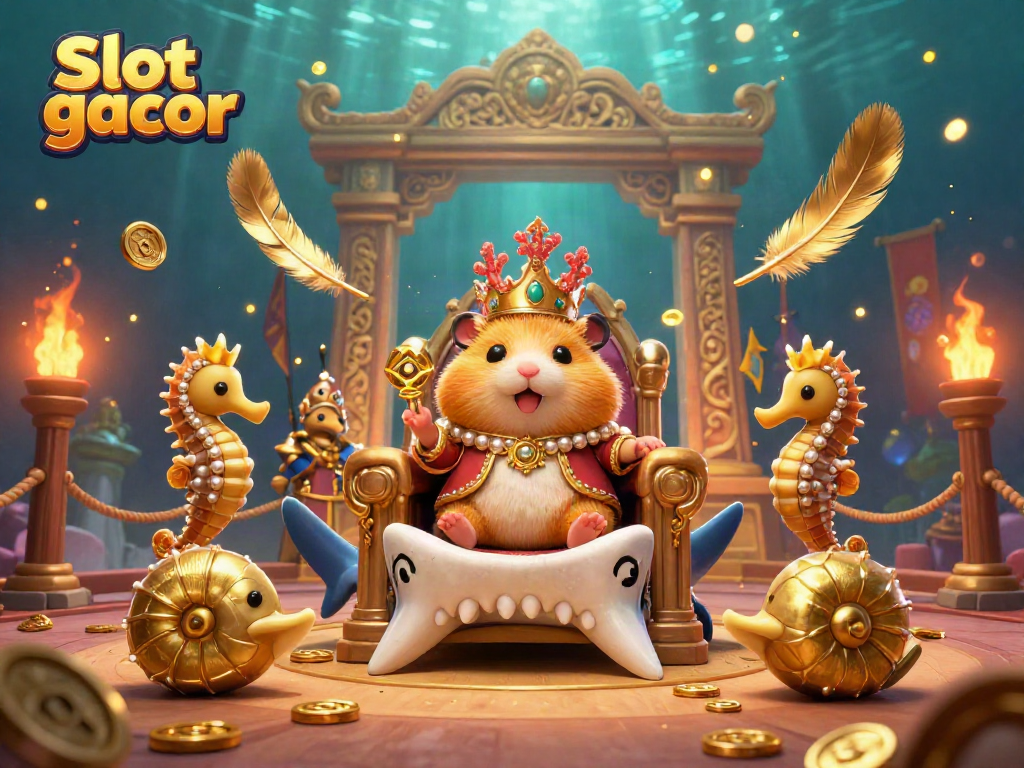 Experience thrilling Slot gacor action with a golden hamster king on a megalodon throne amidst vibrant casino elements.