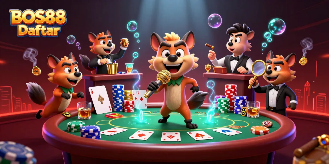 Bermain dengan slot di BOS88 Daftar, sambil menikmati komedi kasino yang lucu di latar belakang ceria.