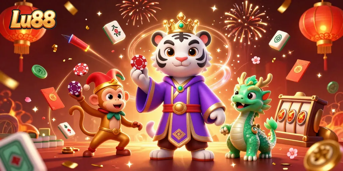 Join the fun at Lu88 with a vibrant 3D illustration of a casino scene filled with excitement and winning potential.