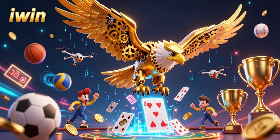 Experience the thrill of iwin's gaming universe as a golden eagle dives amidst dynamic sports elements and holographic cards.