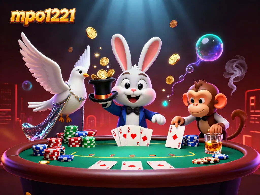 Experience mpo1221 with a vibrant scene of a magician rabbit, poker chips, and casino elements.