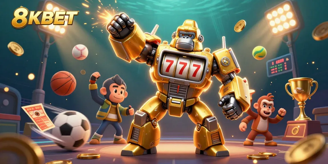 Experience exhilarating gaming with 8KBET featuring a dynamic 3D illustration of a transformer-style gorilla mech.