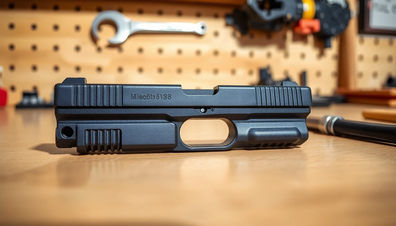 Glock 17 slide for sale displayed on a workbench with tools, emphasizing quality craftsmanship.