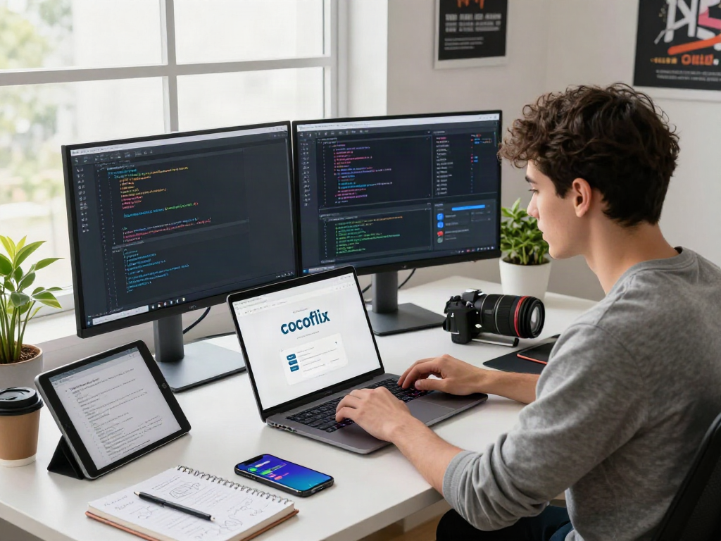 Developer coding the cocoflix app in a modern workspace filled with tech gadgets and natural light.