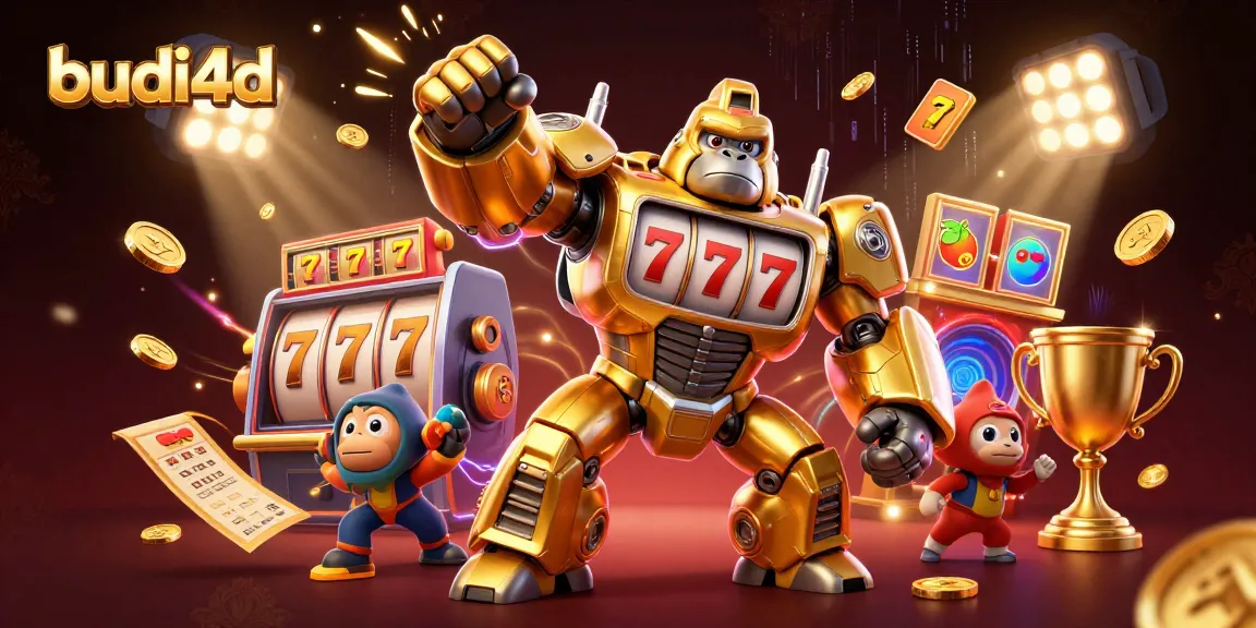 Budi4d showcases an exciting slot gaming scene with a transformer-style mech, vibrant elements, and dynamic motion.