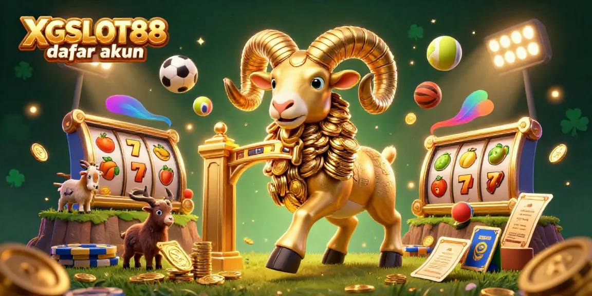 Gambarkan proses bermain XGSLOT88 daftar akun dengan karakter ram emas dan banyak elemen kasino