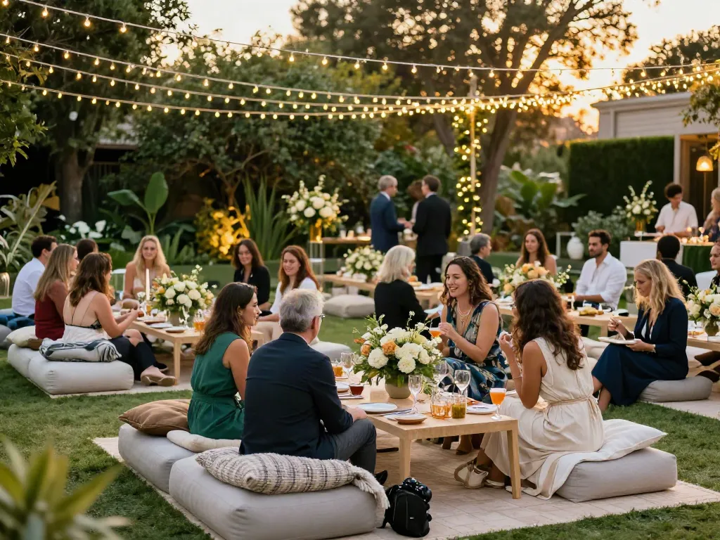 Event furniture rental setting with elegant lounge furniture and decor for an upscale outdoor gathering.