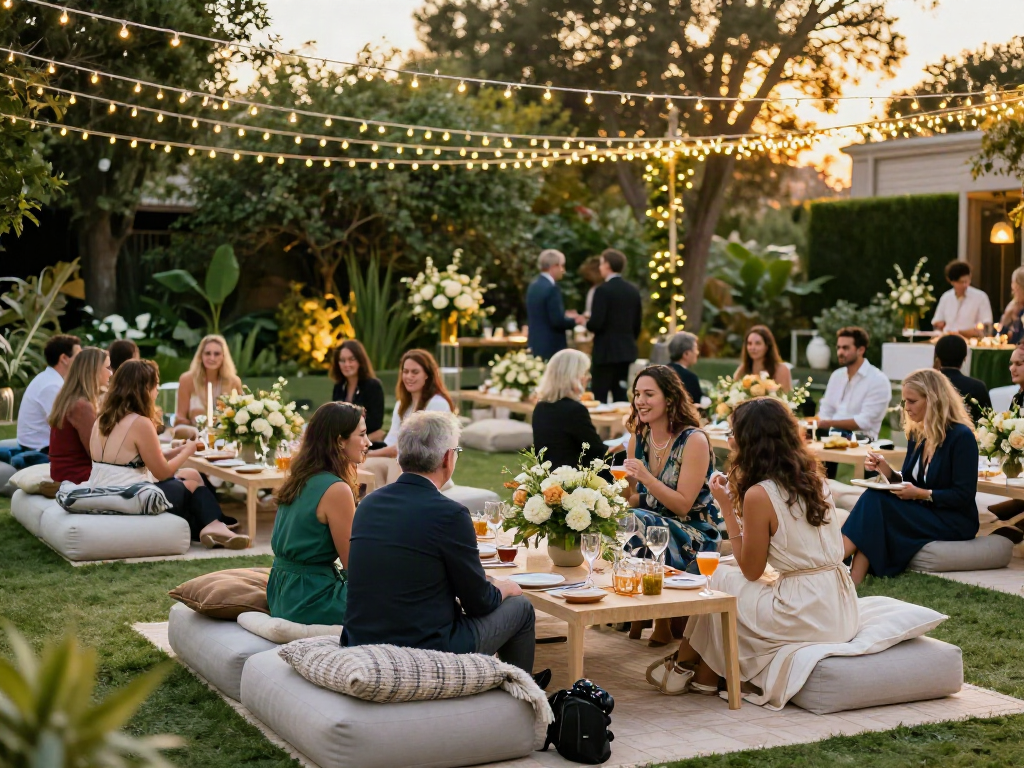 Event furniture rental setting with elegant lounge furniture and decor for an upscale outdoor gathering.