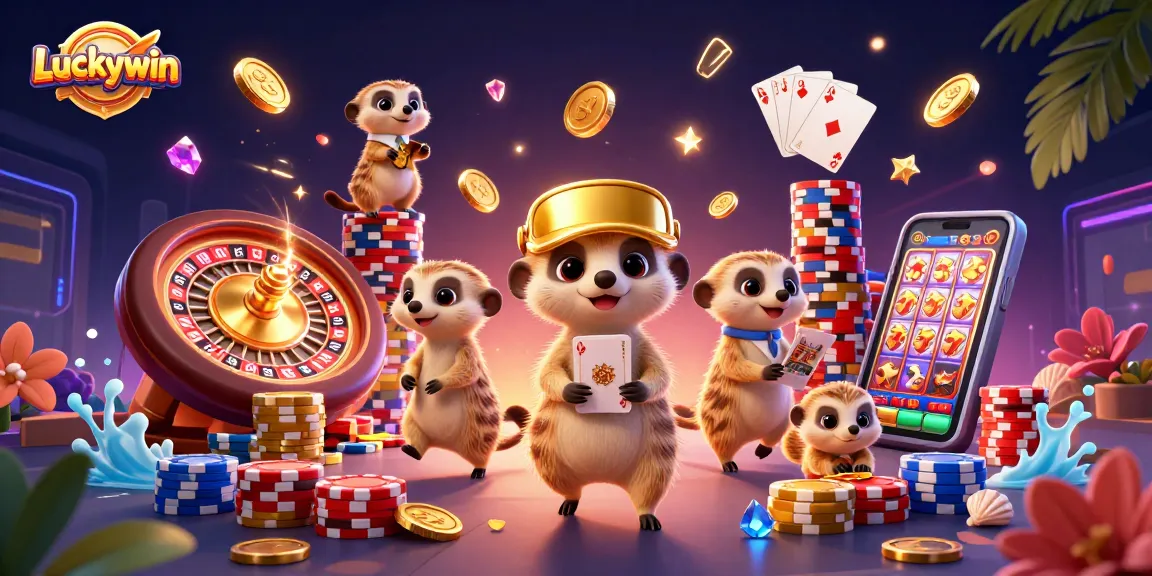 Experience Luckywin dynamics with meerkats running a vibrant casino scene, showcasing games and excitement.