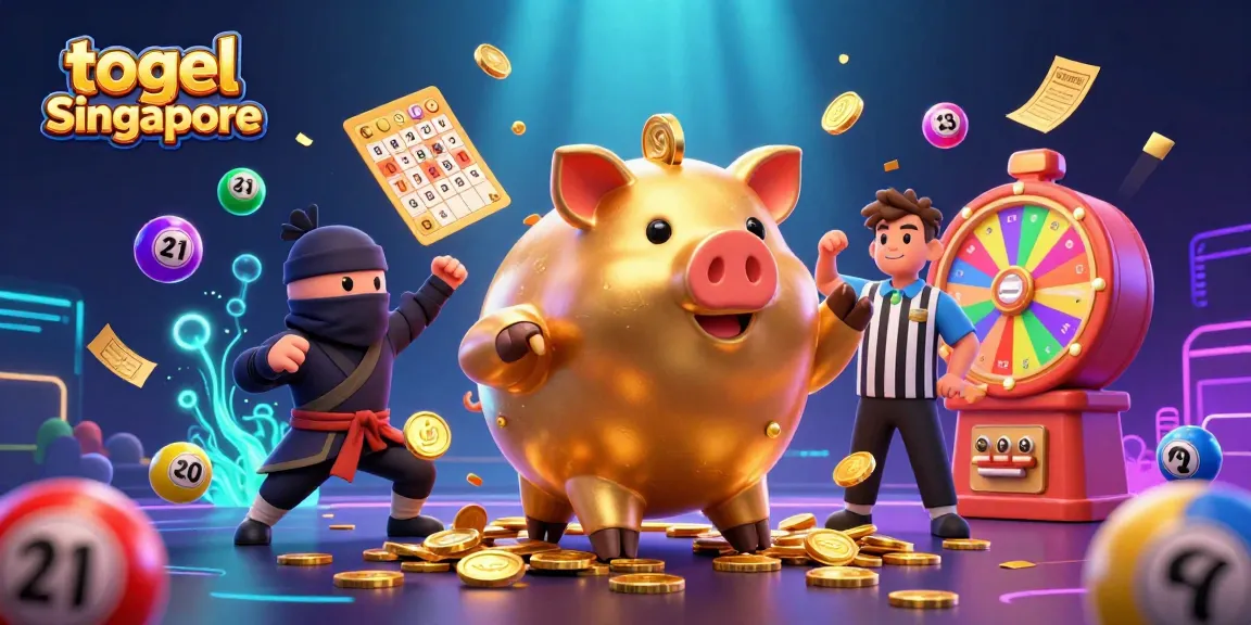 Togel Singapore vibrant scene with a golden piggy bank sumo wrestler, colorful lottery balls, and money rain.