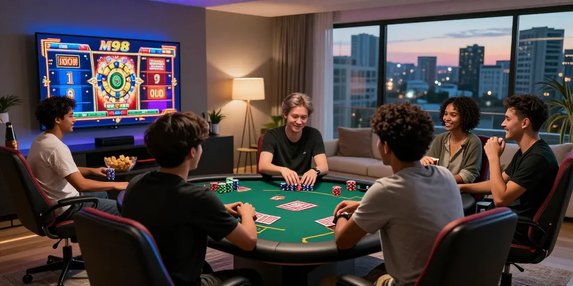 M98 สล๊อตเว็บตรง live gaming session with players in a vibrant home setting, showcasing excitement and engagement.
