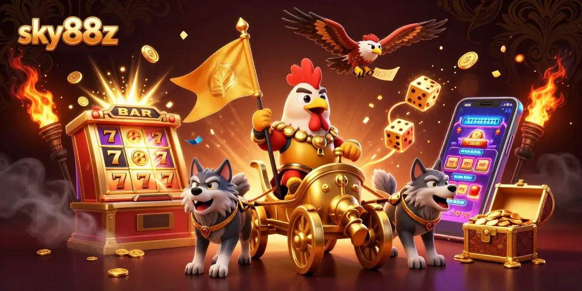 Experience thrilling gameplay at sky88z with a cartoon rooster warlord in a vibrant casino adventure.