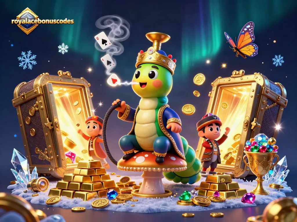 Win big with royalacebonuscodes in a lavish casino scene filled with golden treasures and vibrant characters.