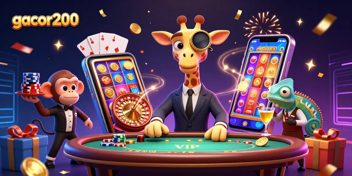 Permainan slot gacor200 yang menguntungkan dengan karakter kasino berwarna-warni dan eklektik.
