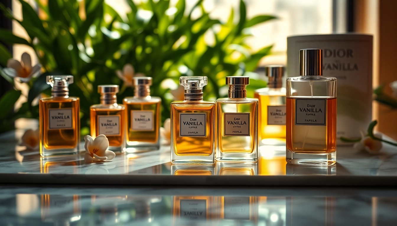 Dior vanilla perfume samples displayed elegantly, showcasing luxurious details and rich colors.