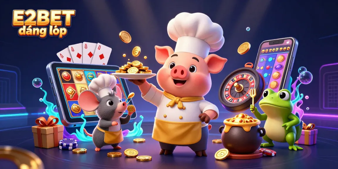 E2BET đăng nhập showcases a pig chef serving gold coins amid vibrant casino elements like slot games and poker.