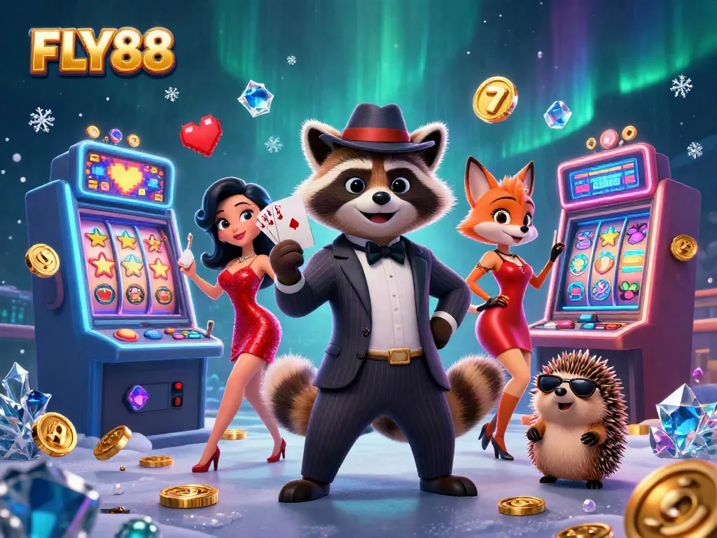FLY88 offers an engaging gaming atmosphere with a lively raccoon, fox, and hedgehog in casino action.
