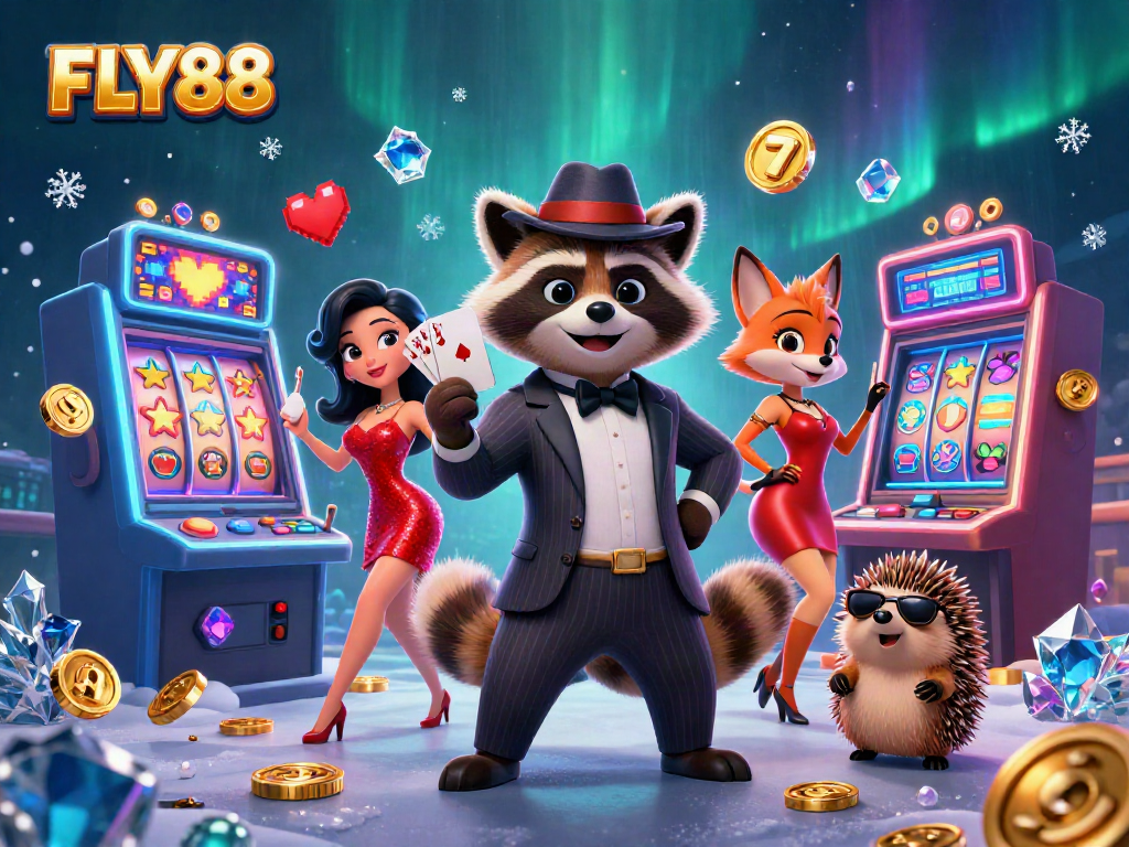 FLY88 offers an engaging gaming atmosphere with a lively raccoon, fox, and hedgehog in casino action.