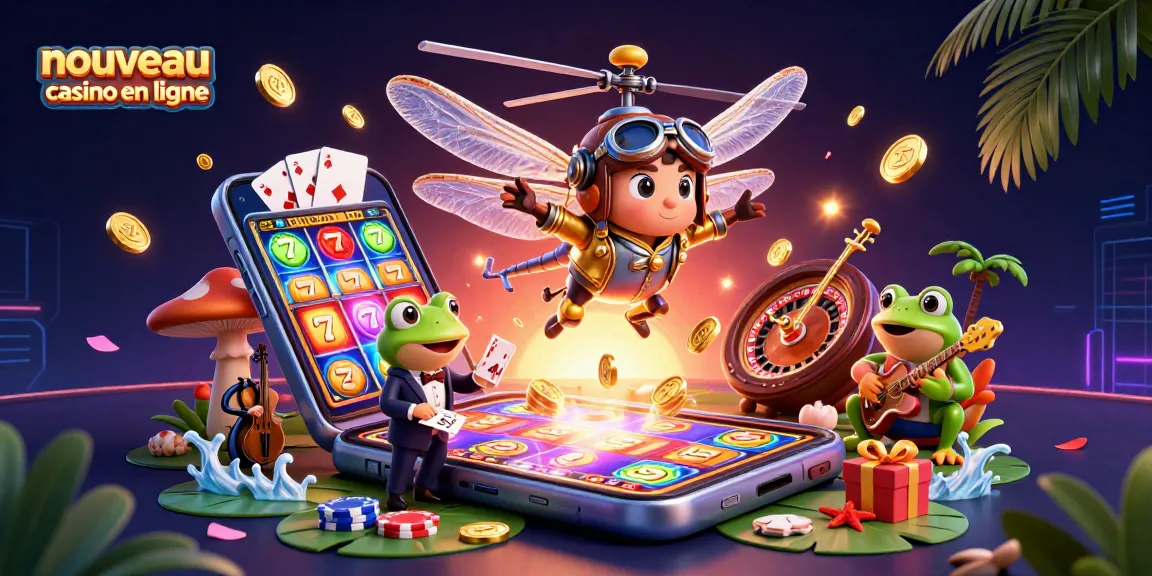 Illustration dynamique d'un nouveau casino en ligne avec un pilote de libellule et un croupier grenouille