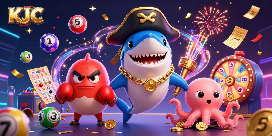 KJC showcases a vibrant scene of a cartoon pirate shark, pufferfish, and octopus celebrating with lottery elements in an online casino.