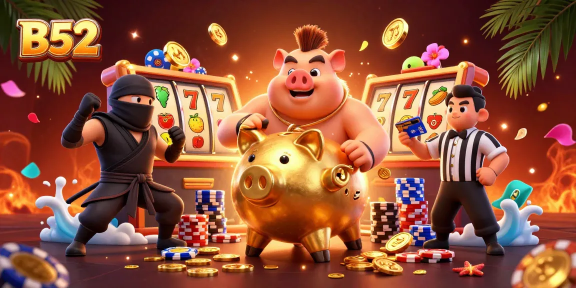 B52 casino illustration showcasing a sumo wrestler piggy bank amidst a dynamic slot game with vibrant elements.