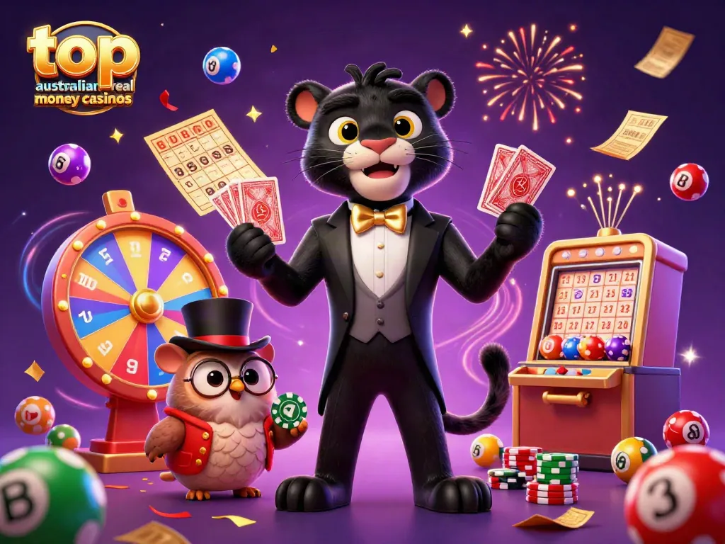 The illustration showcases the top australian real money casinos with vibrant casino elements and characters, creating a lively atmosphere.