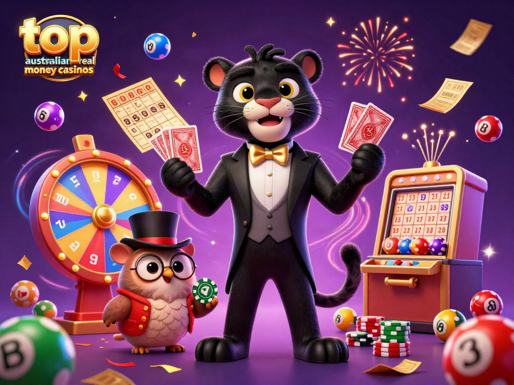 The illustration showcases the top australian real money casinos with vibrant casino elements and characters, creating a lively atmosphere.