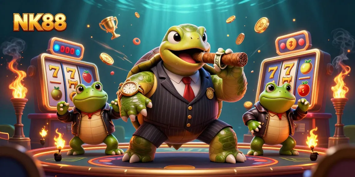 Experience the excitement of NK88 with a vivid 3D illustration of a mobster turtle and bullfrog enforcers at a slots casino.