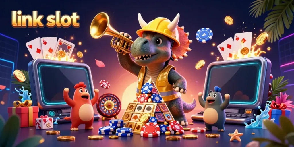 Engaging 3D illustration showing link slot characters celebrating with poker chips and slot games.