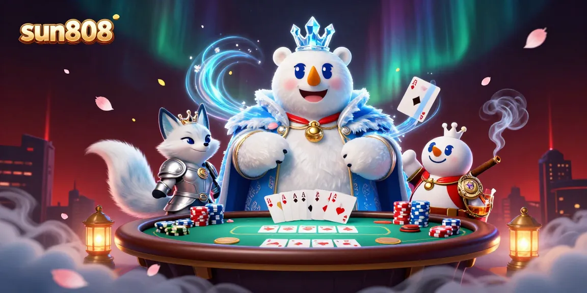 Experience thrilling winnings at sun808 with an exciting poker scene featuring the ice king and fox.