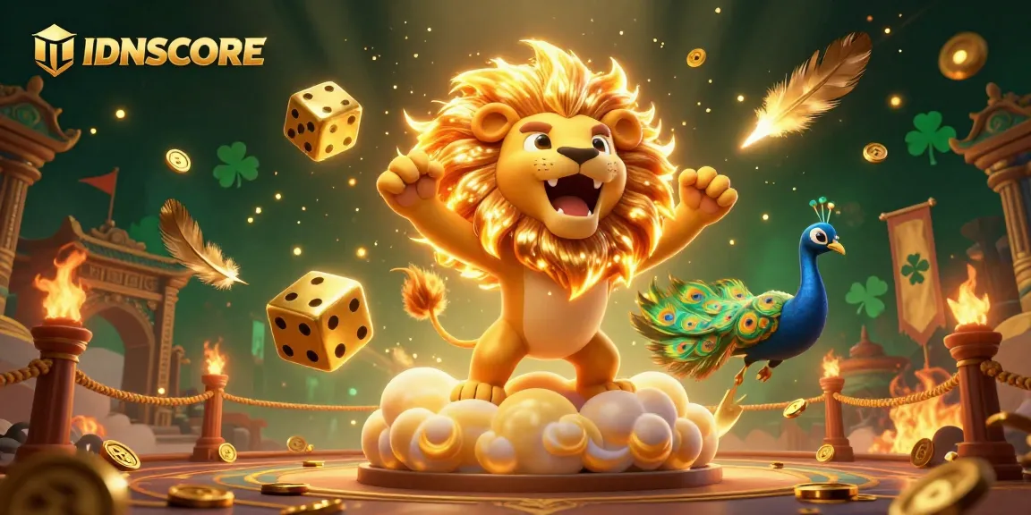IDNSCORE offers thrilling slot gameplay surrounded by whimsical elements like a sun lion and golden dice.