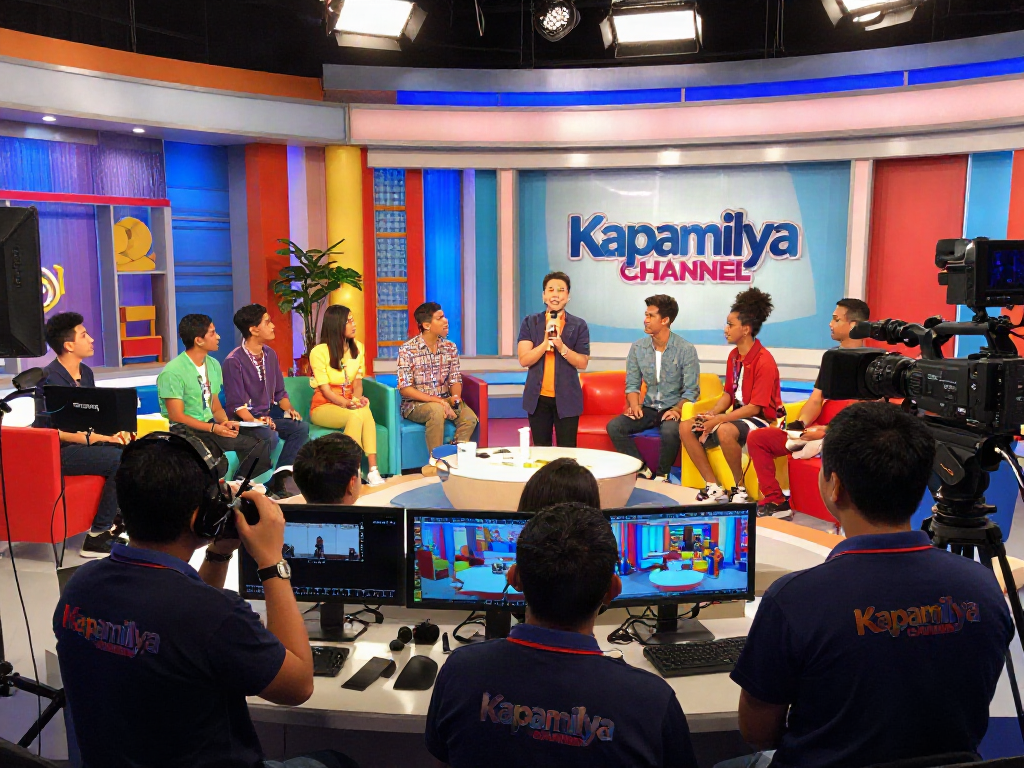Diverse performers rehearsing for a live broadcast on kapamilyachannel.com with vibrant stage props and lights.