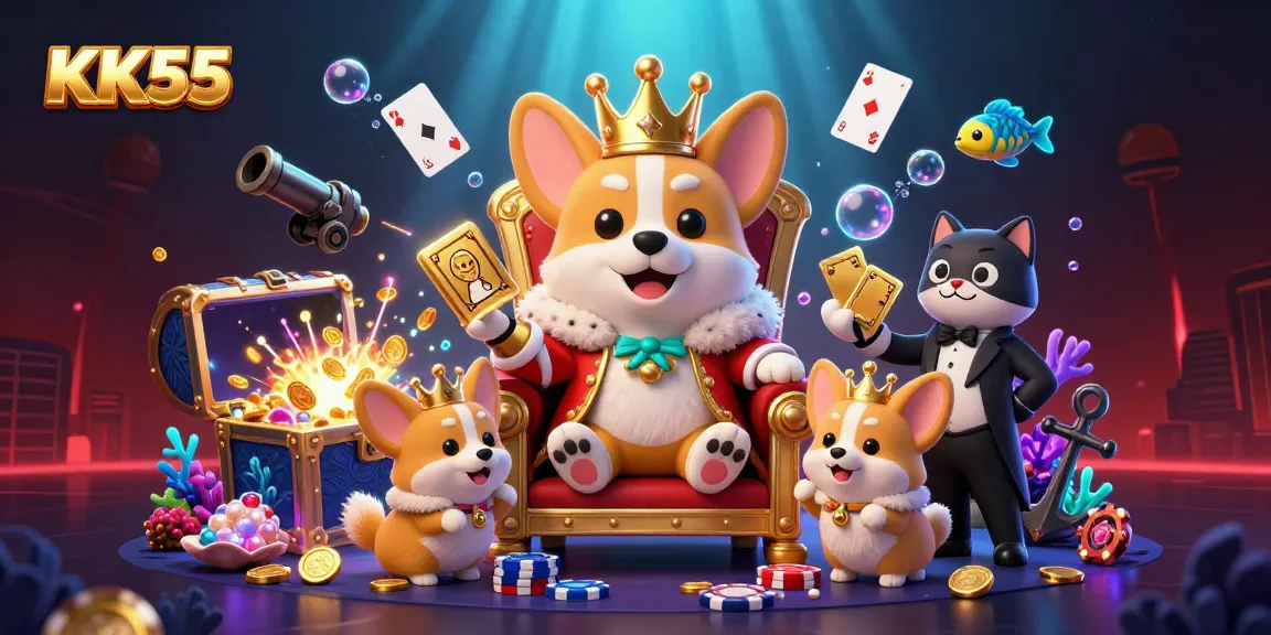 KK55 platform showcases a royal corgi in a vibrant casino scene, ready to deal cards.