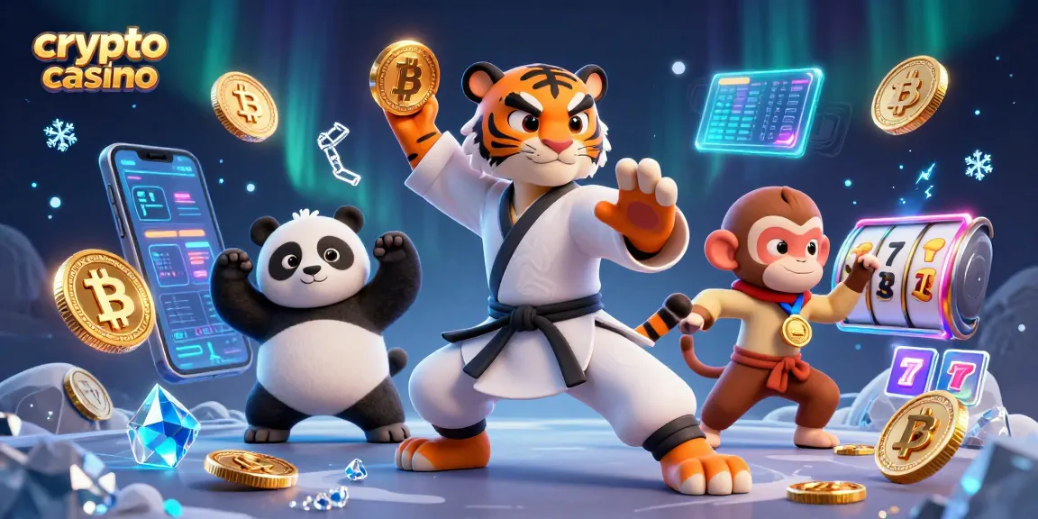 Un emocionante juego en un casino cripto mostrando a un maestro tigre practicando kung fu con símbolos de jackpot y monedas de Bitcoin.