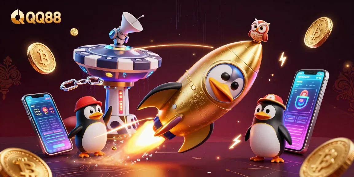 Engage with QQ88 casino adventures featuring a golden penguin launching to a poker chip space station.
