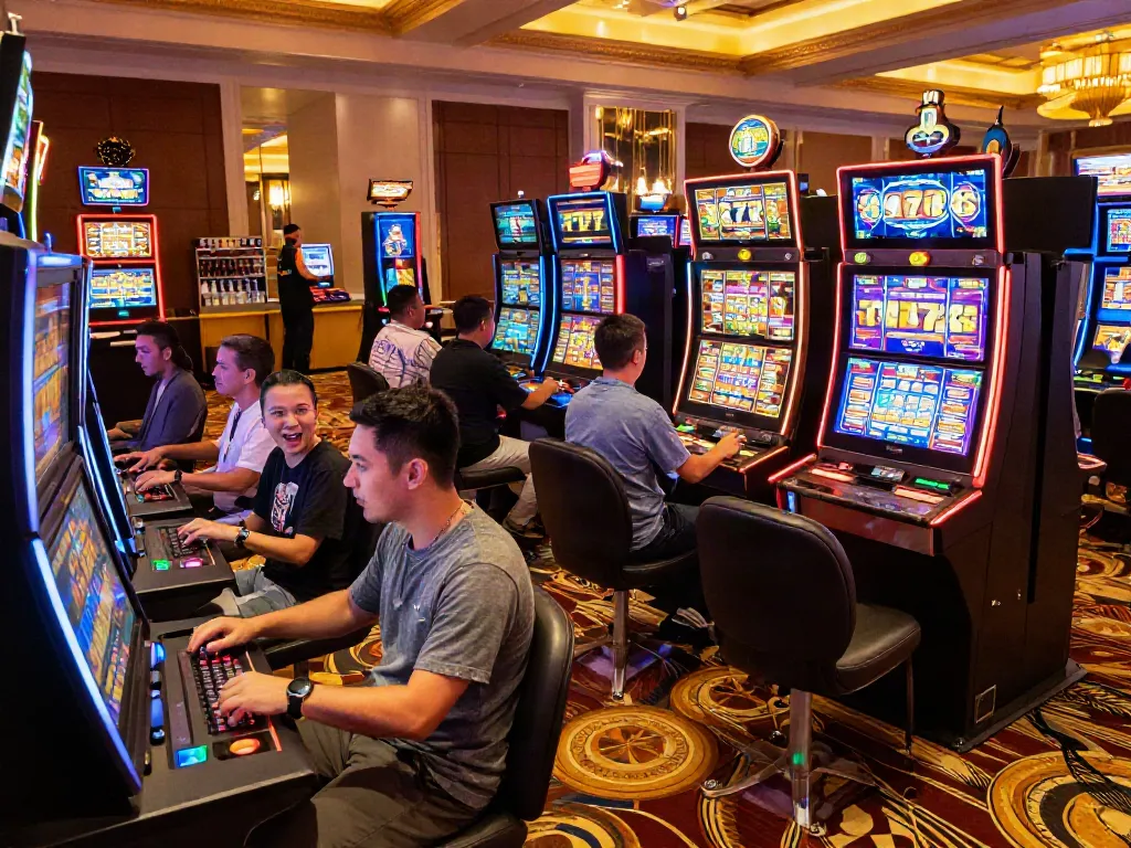 Exciting casino scene with players engaged at slot777 machines, showcasing vibrant lights and lively atmosphere.