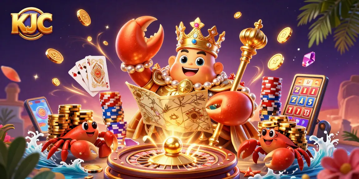 KJC’s golden crab emperor leading an animated casino scene filled with vibrant game elements and winning treasures.