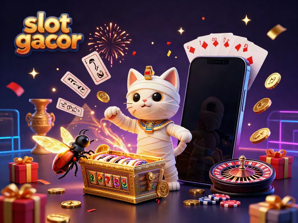 Experience slot gacor with a lively mummy cat and gold casino elements in this 3D scene.