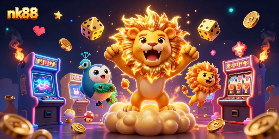 Engage with nk88 for thrilling casino games featuring a roaring sun lion and golden elements.