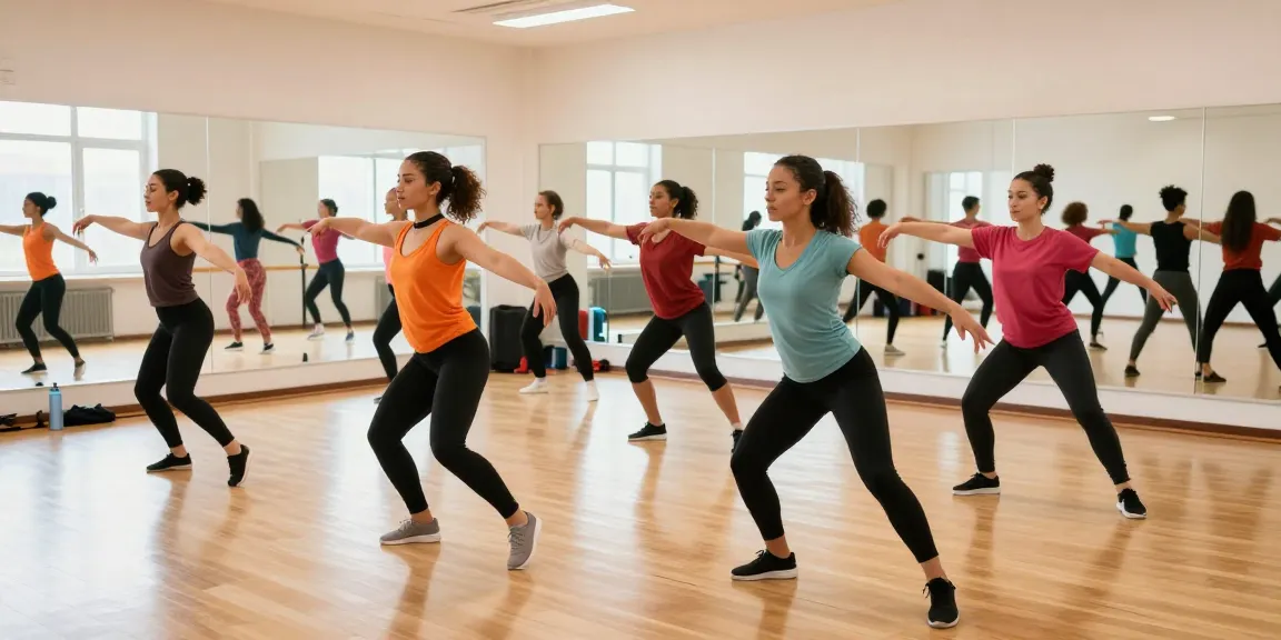 Energetic group dance rehearsal at kineticsynergydancecompany.com in a bright studio.